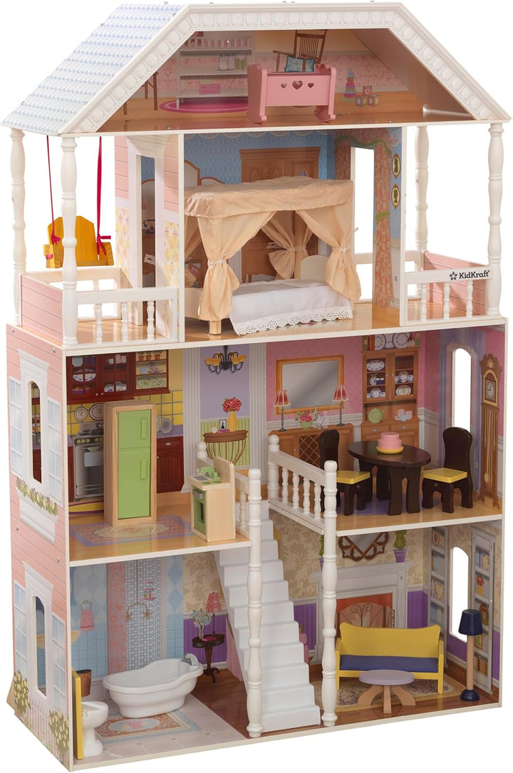 Casă de păpuși Kidkraft Savannah din lemn cu mobilier și accesorii, set de joacă cu scaun suspendat și pat cu baldachin pentru păpuși de 30 cm, jucărie pentru copii de la 3 ani, 65023