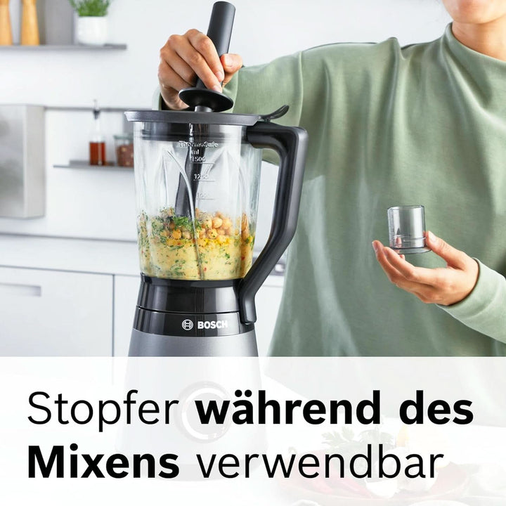 Bosch Standmixer Vitapower Serie 4 MMB6177S, Edelstahl-Klingen Made in Germany, 1,5L Thermosafe Glasbehälter, 0,6L To-Go-Flasche, Stopfer, Universalzerkleinerer, 30,000 U/Min, 1200 W, Silber