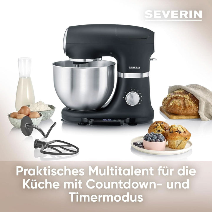 SEVERIN Küchenmaschine Mit Waage, Große Knetmaschine Für Bis Zu 3 Kg Kuchenteig, Robuste Teigmaschine Mit Knethaken, Flachrührer Und Schneebesen, 1.000 W, Schwarz, Matt,Edelstahl, KM 3898