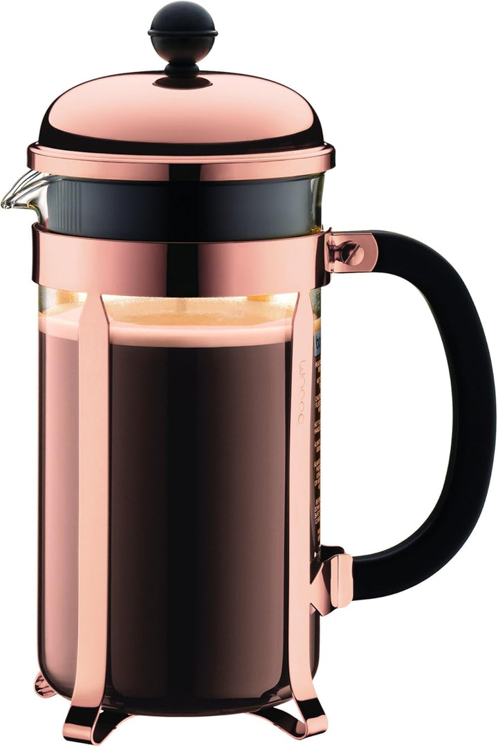 Bodum K1928-18-1 Chambord Set filtru de cafea 8 cești cu 2 pahare 35 Cl Pavina cu perete dublu, crom, 1 litru, roz, 14,9 X 26,8 X 32,5 cm
