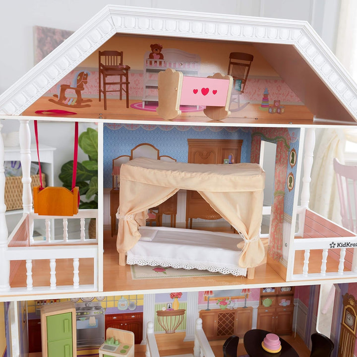 Casă de păpuși Kidkraft Savannah din lemn cu mobilier și accesorii, set de joacă cu scaun suspendat și pat cu baldachin pentru păpuși de 30 cm, jucărie pentru copii de la 3 ani, 65023