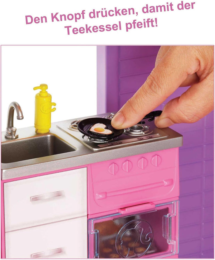 Barbie Dollhouse, Dream Villa Doll, complet mobilată, 3 etaje, 8 camere inclusiv piscină, tobogan și lift, 70 de accesorii, jucării de la 3 ani, GNH53