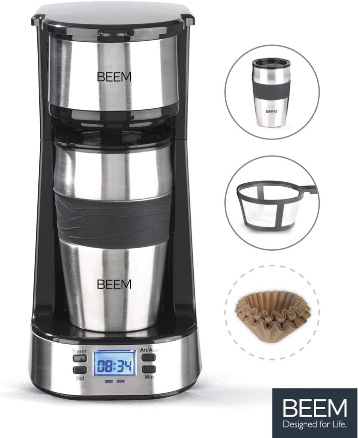 BEEM THERMO 2 GO Cafetieră cu filtru unic cu cană termo de 0,4 l | Filtru permanent | Cu cronometru 24 h pentru o cană de cafea fierbinte dimineața fără așteptare | 750 W