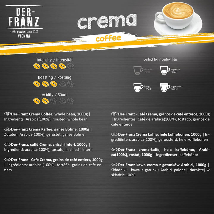 DER-FRANZ Kaffee Crema, Intensität 4/5, 100% Arabica, Ganze Kaffeebohnen, 1000G