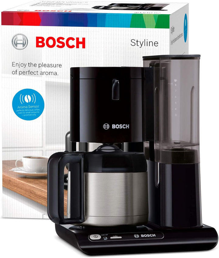 Bosch filtru de cafea Styline TKA8A053, senzor de aromă, cană termo din oțel inoxidabil 1,1 L, pentru 8-12 cești, oprire automată, sistem de detartrare, opritor de picurare, rezervor de apă detașabil (1 L), 1100 W, negru
