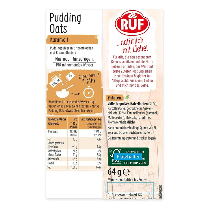 RUF Pudding Oats Caramel, budincă de caramel și fulgi de ovăz integral, fără zahăr, îndulcit cu sirop de agave,  64 grame