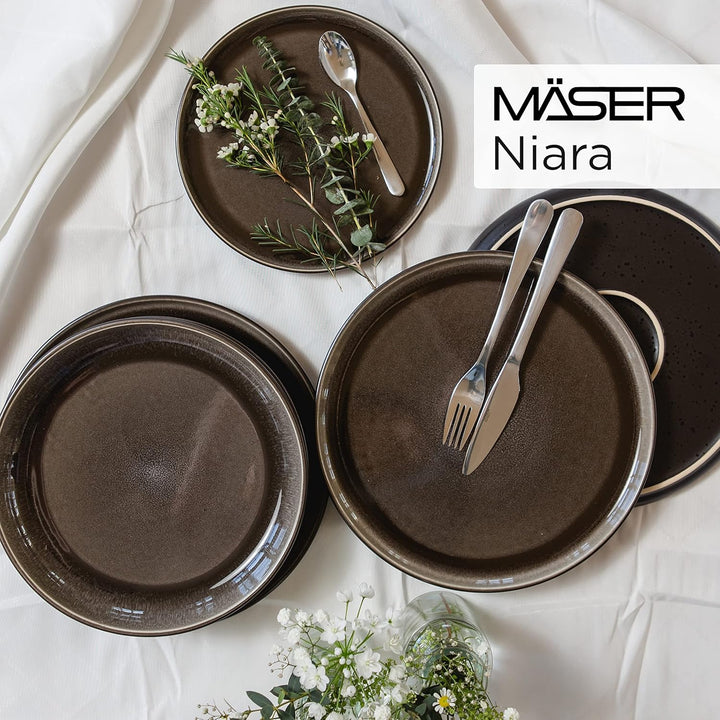 MÄSER 934020 Serie Niara, Modernes Geschirr Set Für 6 Personen in Aufregendem Vintage Look, 18-Teiliges Frühstücksgeschirr Service Aus Keramik in Grau Und Schwarz, Steinzeug