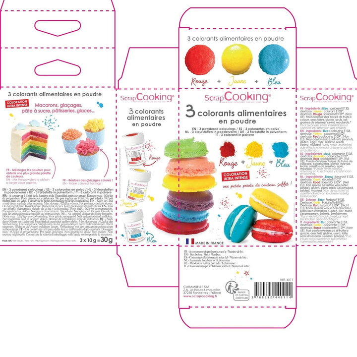 ScrapCooking, Set 3 coloranti alimentari pudra - rosu, galben, albastru, 3 x 5 grame