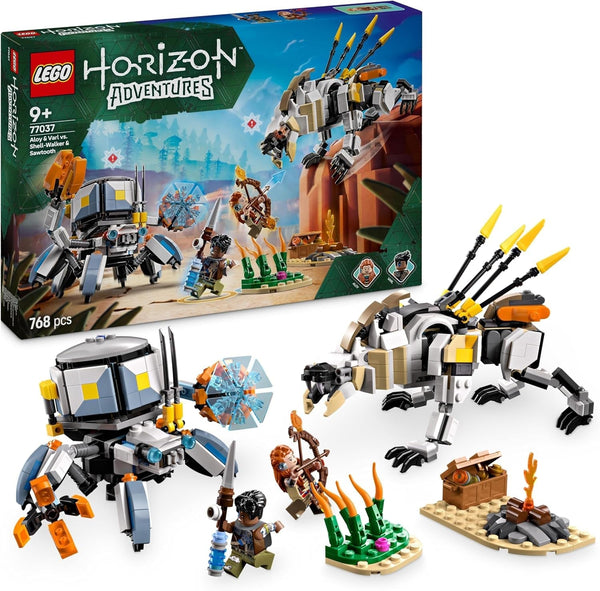 LEGO Horizon Adventures Aloy și Varl vs. Armoured Walker și Sawtooth, jucărie cu mașini monstru și minifigurine, set de colecție pentru fanii jocurilor video, băieți și fete de peste 9 ani 77037