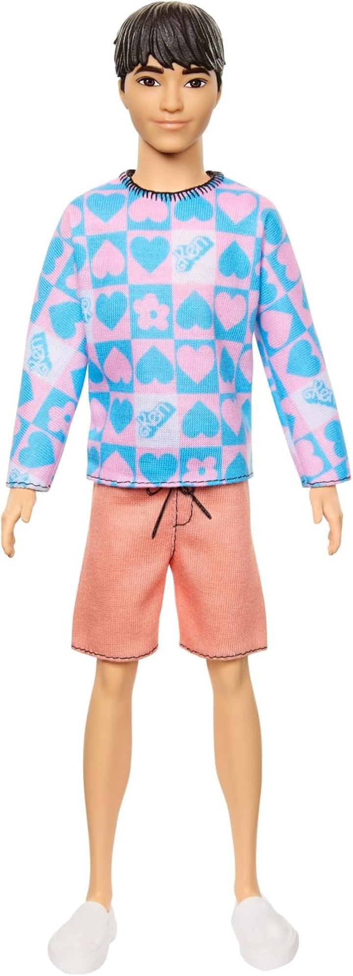 Barbie Fashionistas Ken Doll nr. 219 cu corp subțire și cămașă cu mânecă lungă cu model detașabil în roz și albastru și pantaloni scurți roz, HRH24