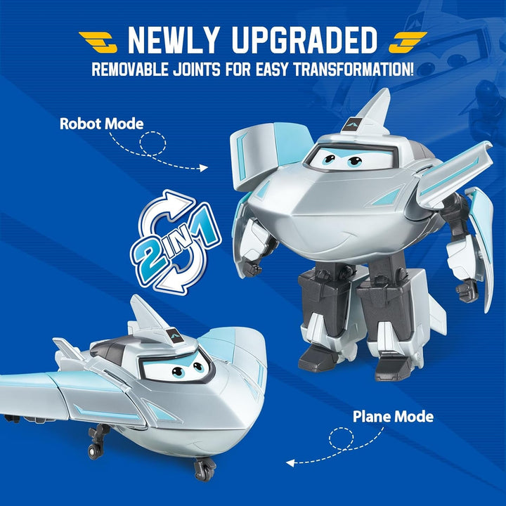 Super Wings Transformation Plane Supercharged Traver, Aprox. 12.7 Cm Figură mare de joacă pentru copii, avion de jucărie și figură de robot pentru băieți și fete de peste 3 ani, argintiu