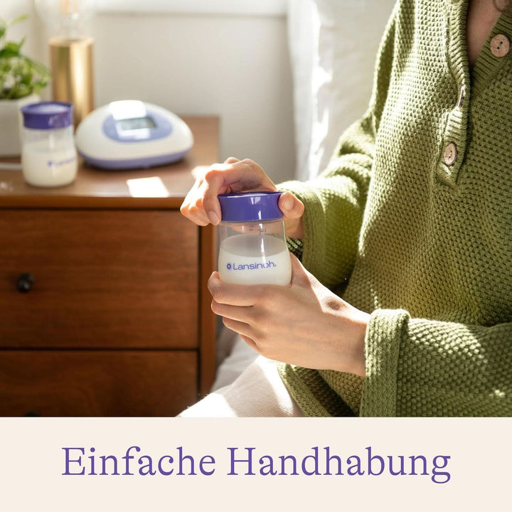 Lansinoh Muttermilchflaschen, 4 X 160 Ml - Zur Sicheren Muttermilch Aufbewahrung - Neues Kompaktes Design Für Verbesserte Stabilität - Mit Stapelbarem Deckel