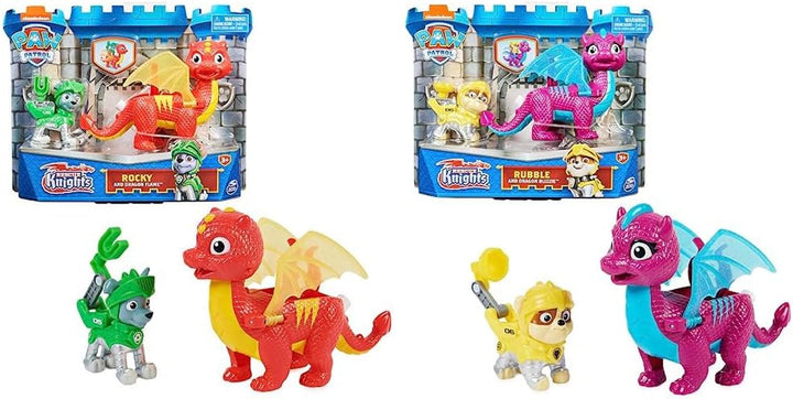 PAW PATROL, Rescue Knights Rocky și Dragon Flame set de figurine de acțiune, jucărie potrivită pentru copii cu vârsta de peste 3 ani