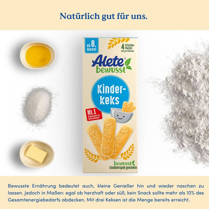 Alete Bewusst Kinderkeks, Ab Dem 8. Monat, Butterkeks Aus Weizen Für Kinder, Handlich Verpackte Kekse Als Kleiner Snack, Perfekt Für Unterwegs & Zwischendurch, 1 X 180 G