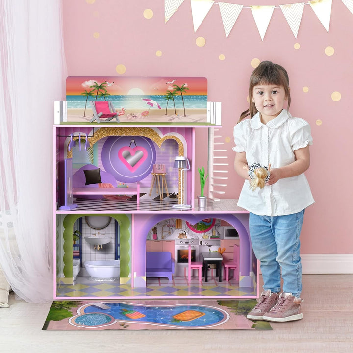 Olivia's Little World Big Dreamland Sunset Contemporary Casa de păpuși interactivă din lemn pentru copii 3 etaje cu 16 accesorii de mobilier pentru păpuși Multi TD-13616A