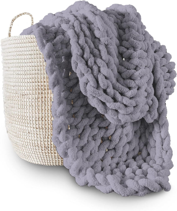 Grobstrickdecke, Ãœberwurf, 100% Handgestrickt Mit Jumbo-Chenille-Garn (127 X 152,4 Cm, Fliedergrau)