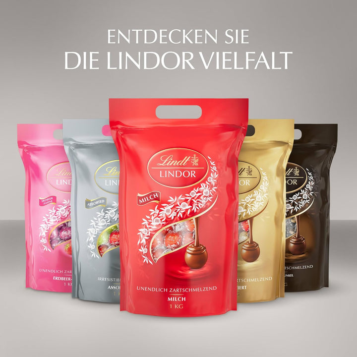 Lindt LINDOR Silber Mischung | 1 Kg Beutel| 78 Schokoladen Kugeln |Milch, 70%, Salted Caramel, Double Chocolate Mit Zartschmelzender Füllung | Großpackung | Pralinen Geschenk | Schokoladengeschenk