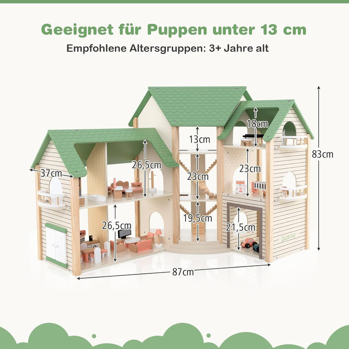 Casă de păpuși din lemn FANTASK, casă de păpuși de 83 cm înălțime cu 36 de piese de mobilier și accesorii, vilă de păpuși cu 6 camere, terasă și garaj, cadou pentru fete de la 3 ani