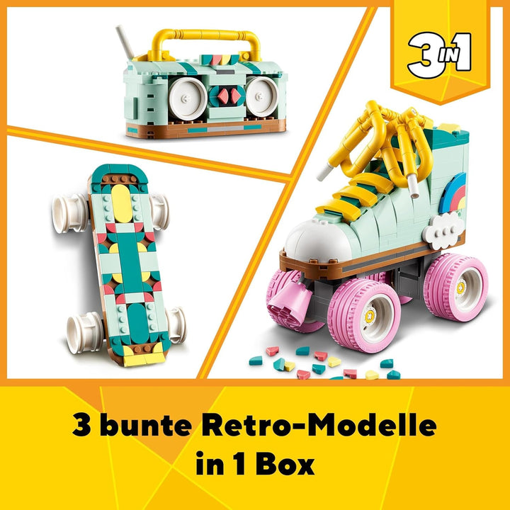 Jucărie LEGO Creator 3In1 Roller Skate pentru fete și băieți cu Mini Skateboard și Boombox, decor retro pentru dormitor, cadou de ziua de naștere pentru copii de la 8 ani 31148