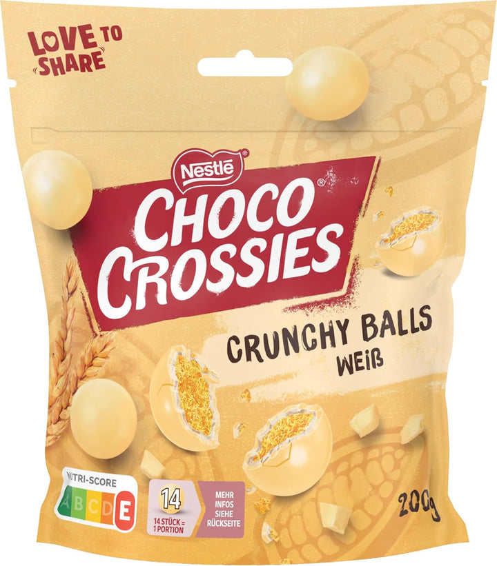 Nestlé CHOCO CROSSIES Crunchy Balls Weiß, Knusper-Kugeln Aus Krossen Weizencerealien Umhüllt Mit Zartschmelzender Weißer Schokolade, 1Er Pack (1 X 200G)