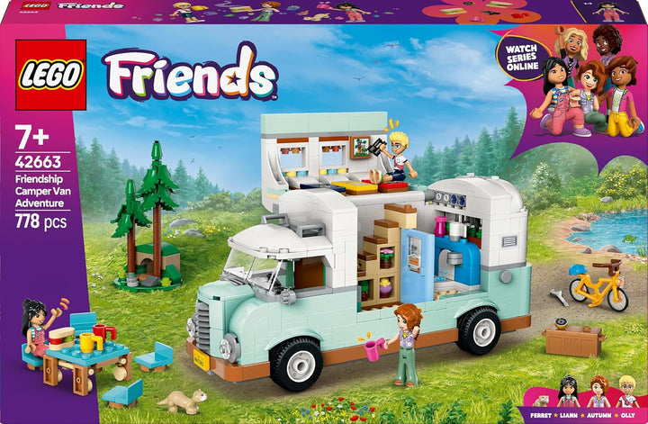 LEGO Friends Caravan, Set de construcție pentru jocuri de rol cu o rulotă de jucărie, Cadou pentru fete cu vârsta de peste 7 ani, Set de joacă creativ cu 3 minifigurine și figurină de animal dihor 42663
