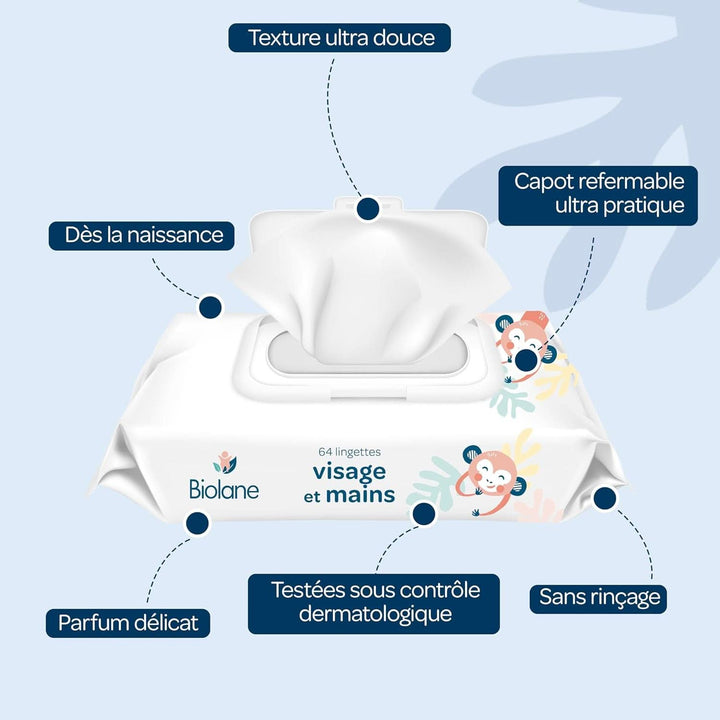 BIOLANE - Babytücher Für Gesicht Und Hände – 6 Packungen – 384 Tücher (6 X 64 Cm) – Reinigt Und Schützt – Toilette – Hyppoallergen – Für Empfindliche Haut – 97% Natürliche Inhaltsstoffe – Hergestellt