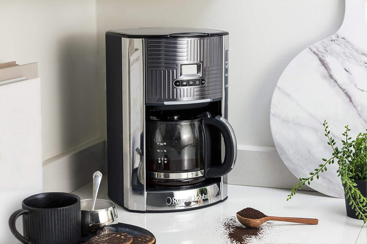 Cafetiera Russell Hobbs [cronometru digital, cap de duș pentru extracție și aromă optimă] Geo Stainless Steel Grey (Max 12 cești, ulcior de sticlă de 1,5L, placă de încălzire, 1000W) Filtru de cafea 25270-56