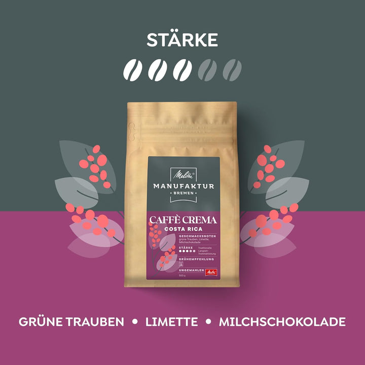 Melitta Manufaktur-Kaffee Caffè Crema Spezialitäten-Kaffee, 500G, Kaffee-Bohnen, Ungemahlen, Single-Origin-Farm-Kaffee Aus Costa Rica, Geröstet in Deutschland, Stärke 3