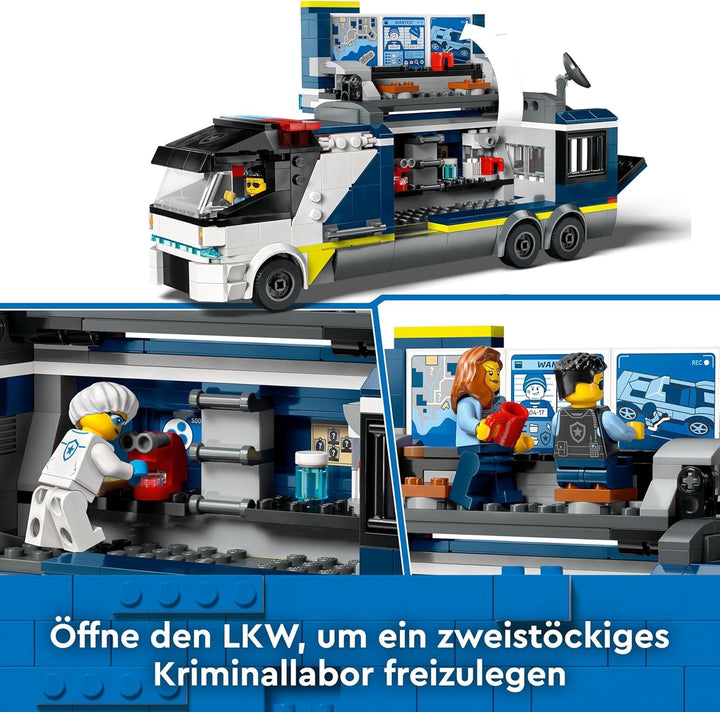 Camion de poliție LEGO City cu laborator, set de poliție cu quad și camion de jucărie pentru copii, cadou pentru băieți și fete de la 7 ani, plus 5 minifigurine - 2 polițiști, 1 om de știință și 2 escroci 60418