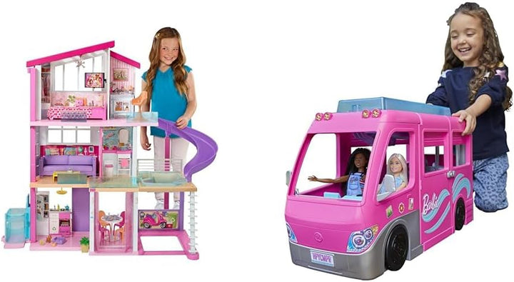 Barbie Dollhouse, Dream Villa Doll, complet mobilată, 3 etaje, 8 camere inclusiv piscină, tobogan și lift, 70 de accesorii, jucării de la 3 ani, GNH53