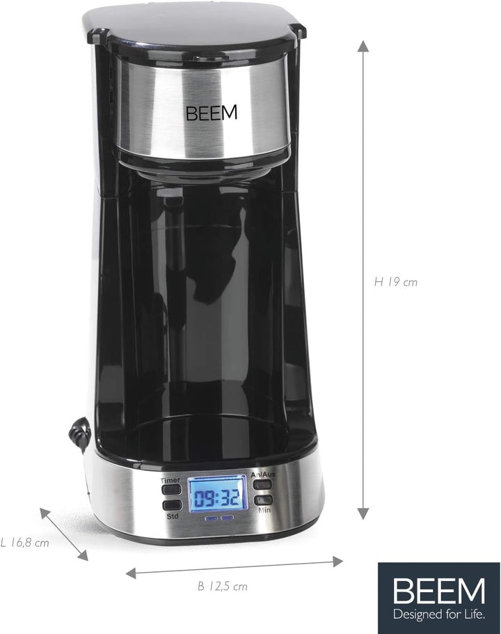 BEEM THERMO 2 GO Cafetieră cu filtru unic cu cană termo de 0,4 l | Filtru permanent | Cu cronometru 24 h pentru o cană de cafea fierbinte dimineața fără așteptare | 750 W