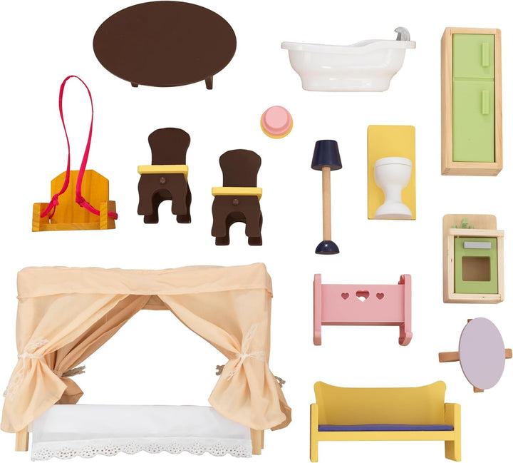 Casă de păpuși Kidkraft Savannah din lemn cu mobilier și accesorii, set de joacă cu scaun suspendat și pat cu baldachin pentru păpuși de 30 cm, jucărie pentru copii de la 3 ani, 65023