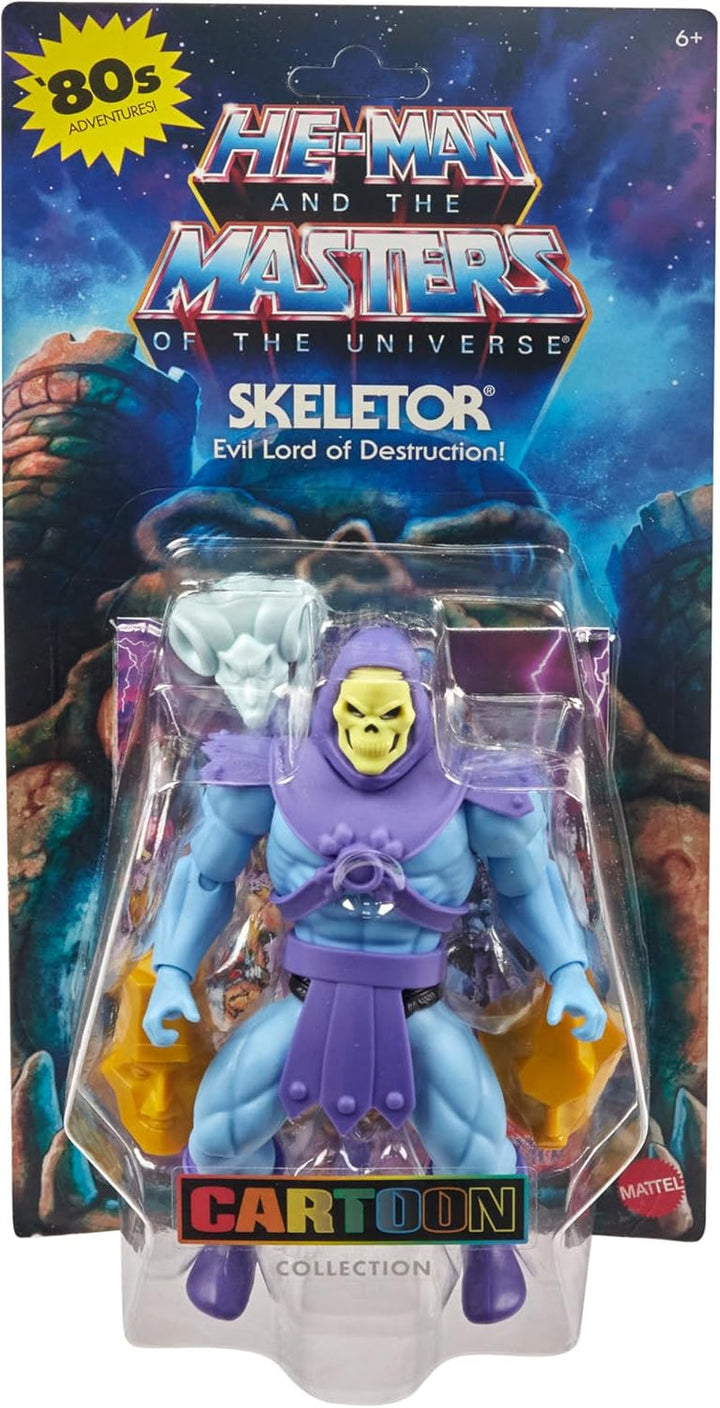 Jucărie Masters of the Universe Origins, figurină Skeletor din colecția de desene animate, răufăcător înalt de aprox. 14 cm cu armură, baston, sabie și 2 măști, HYD24