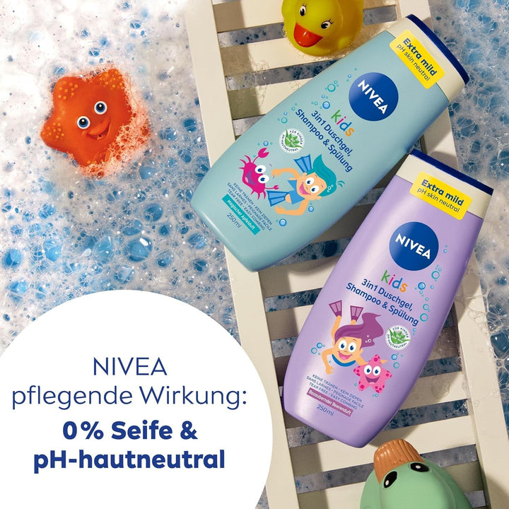 Gel de duș, șampon și balsam NIVEA KIDS 3in1, îngrijire și curățare pentru copii cu un parfum magic de mere, extra blând, îngrijire fără săpun pentru păr și piele pentru copii (250 ml) Copii - Baie si Skincare Naty Shop