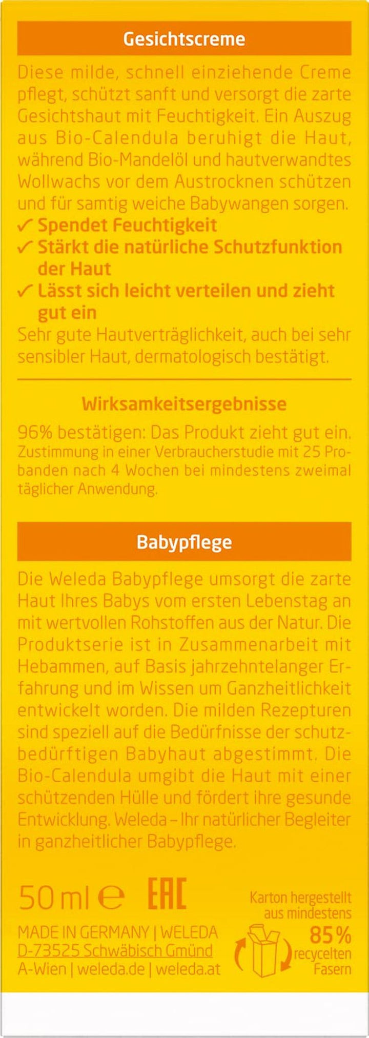 WELEDA Organic Baby Calendula Face Cream - Cremă hidratantă cosmetică naturală cu ulei de migdale și ceară de albine pentru îngrijirea pielii uscate. Cremă naturală de îngrijire facială pentru bebeluși și copii (1x 50ml) Copii - Baie si Skincare Naty Shop